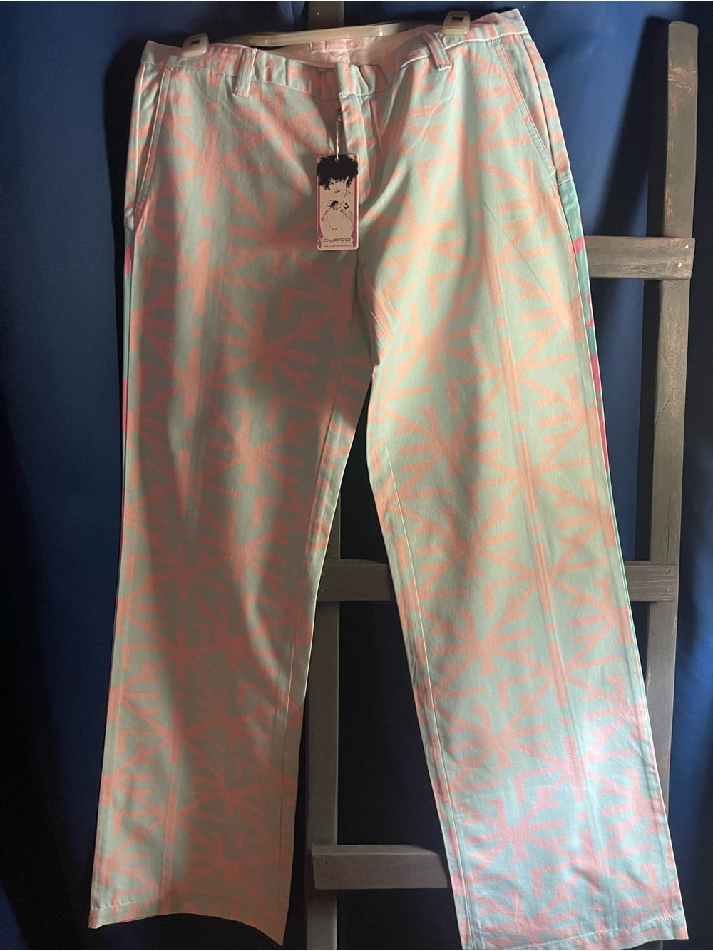 Pastel Mint & Pink Patterned Straight-Leg Pants
